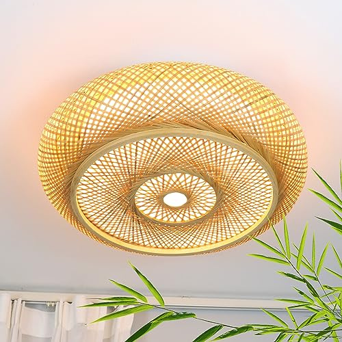 AOEH Deckenleuchte Bambus Deckenlampe LED Holzlamp Fernbedienung Dimmbar Bambus Handgewebte Natürlicher 55W Retro Deckenlampe Rattan,Rund Decke Bambuslampen Für Schlafzimmer Wohnzimmer Flur,60cm