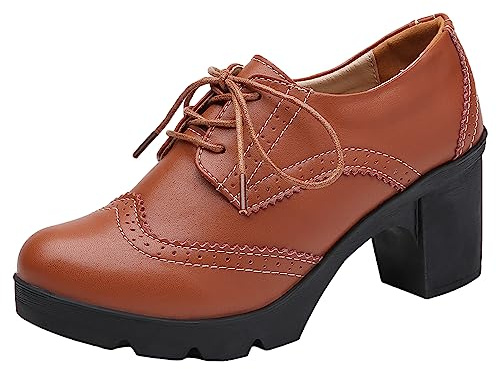 Jamron Femmes Talon Bloc Brogues à Lacets Chaussures de Derby Escarpin Chaussures Habillées