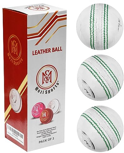 Mozi Sports® Leather Cricket Ball Senior Hand Stitched Match Quality Balls Weight 5.50oz (3X White H-Stitched)