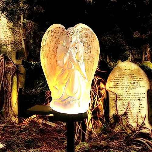 EHOTER Solar Angel Statue Lights - Angel Garden Ornaments - Solar Powered - Weather Resistant - Resin Material - White Color - Decorative Garden Statue for Mom, Grandma, Memorials