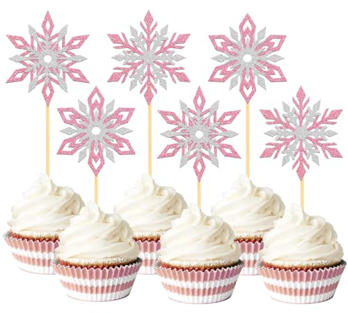 24 Stück Glitzer Schneeflocken Cupcake Toppers, Winterdeko Cake Toppers für Schneeflocken Deko, Weihnachten Deko, Winter Dekoration Kuchendekoration (Mix Rosa)