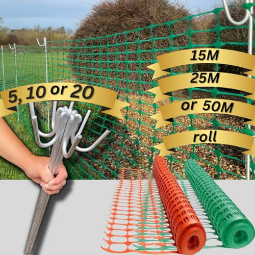 Smith & Barker GALVANISED 5,10, 20 Premium Fencing Pins with 15M 25M 50M Temporary Barrier Fence Mesh Outdoor Garden Plastic Netting Mesh Fence Stakes Posts Metal (50M Green with 20 Pins)