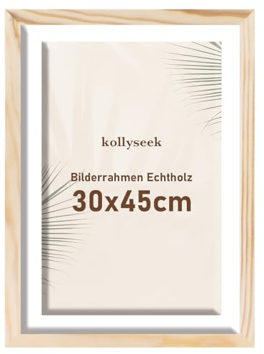 kollyseek Bilderrahmen 30x45cm Echtholz mit Passepartout Rahmen Kieferholz Foto-rahmen Bruchsicherem Acrylglas platten Wood zimmer deko