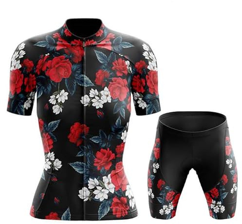 Completo Ciclismo Donna Estivo Abbigliamento Bici MTB,Tuta Ciclista Maglietta Ciclo Manica Corta e Pantaloncini Shorts con 19D Gel Imbottiti,Maglia Bicicletta Asciugatura Rapida Traspirante|1,XL