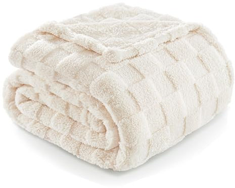 Exclusivo Mezcla Fleece Throw Blanket for Couch,Super Soft and Warm Lightweight Checkered Pattern Blankets for All Seasons, 127x152 CM, Ivory