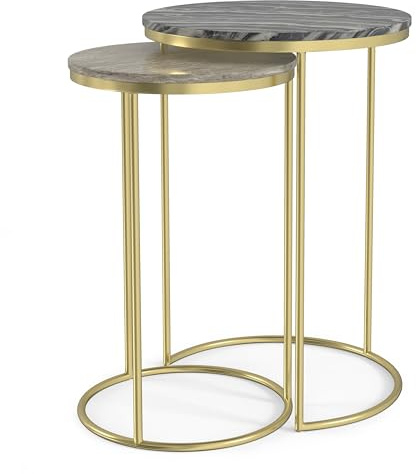 SIMPLIHOME Ashley Nesting Tables Set – 16 inch Wide Genuine Marble Top Metal Accent Tables in Gold, Round Industrial End Tables for Living Room or Bedroom with Compact Design, Assembled