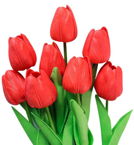HugeDE 10 Pcs 34cm Artificial Tulips Flowers Faux Realistic Tulips Real Touch Tulips Decorative Fake Tulips Tulips Bouquet Arrangements for Wedding Red