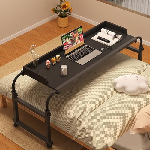 Überbett-Schreibtisch, 115–210 cm, Steharbeitsplatz, Schreibtisch mit Essenstablett und 4 Rollen, Computertisch, höhenverstellbar, 65–95 cm, Rolltisch für Zuhause und (Farbe: Schwarz) (Schwa