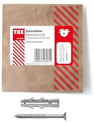 TOX Taco de expansión Barracuda 6x30 mm + tornillo, taco con valores de sujeción muy elevados para piedra maciza y hormigón, 6 unidades en embalaje de papel resellable y ecológico, 013601041