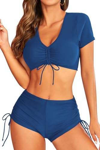 SHEKINI Set bikini da donna tinta unita con top bikini scollo a V a maniche corte con boxer regolabili costume da bagno due pezzi, foglia di tè, L