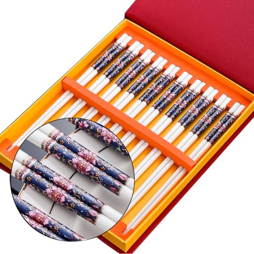 Set di bacchette cinesi in porcellana, confezione regalo, 10 paia di bacchette riutilizzabili, lavabili in lavastoviglie, set regalo con custodia, bacchette in ceramica di osso di alta qualità co