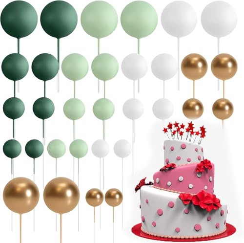 32 Pcs Mini Foam Balloon Cupcake & Cake Toppers (Green White Gold) | Light foam balloon decorations, perfect for cake ball and party cupcake decor