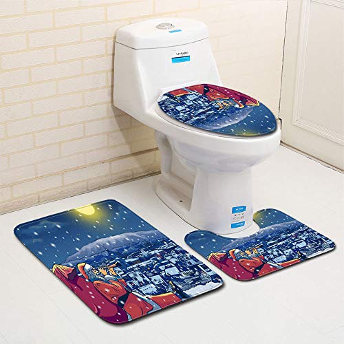Bad Teppiche Set 3-Teiliges Blaue Rote Weihnachten WC Vorleger Mit Ausschnitt Badematte Saugfähig WC Deckelbezug Badvorleger rutschfest Waschbar Toilettensitzbezug Badgarnitur (45x75cm)