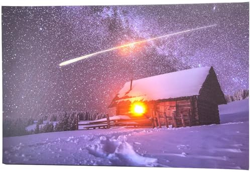 infactory Bilder: Animiertes LED-Wandbild Haus mit Sternschnuppe, 38 x 58 cm (Weihnachtsdeko Kinderzimmer, LED-Bilder Winter, Kerze)