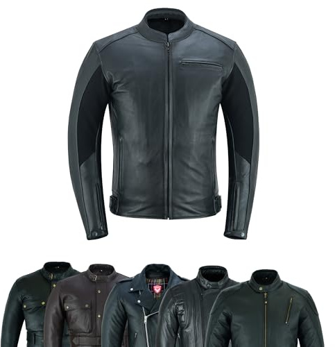 warrior gears Nuova giacca da motociclista in pelle semplice Giacche da motociclista in pelle originali per uomo con protezioni CE rimovibili (5XL, Nero-MJ1002)