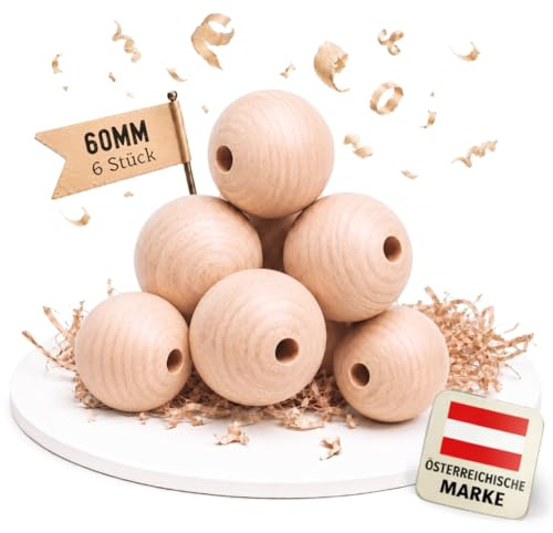 EV® Holzkugeln mit Loch - 6 Stück 60mm Durchmesser - Made in Austria | Große Holzperlen zum Auffädeln mit 10mm Bohrung - Gedrechselt aus Hochwertigem Buchenholz, ideal für Basteln, DIY & Deko