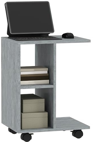 HOMCOM C-Shape End Table Unique Storage Unit w/ 2 Shelves 4 Wheels Freestanding Home Office Furniture Cabinet Square Studio Grey