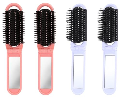 4 Piezas Portátiles Cepillo Plegable Peines, Cepillo Pelo Plegable, Cepillo Bolsillo Plegable, Peine Masaje Cabello Bolsillo, Espejo Plegable Cepillo Pelo, para Mujeres y Niñas (Rosa+Blanco)