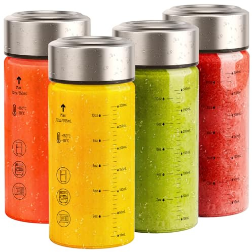 Sursip 12 oz Glass Juice Bottles – 4 Pack Wide Mouth Bottles with Stainless Steel Lids – Leakproof, BPA Free, Heat-Resistant Borosilicate Glass for Juicing, Smoothies, Milk, Protein, Beverage Storage
