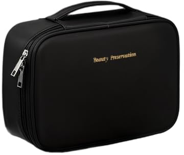 Kosmetiktasche Damen, 24 x 17,5 x 9 cm Make Up Tasche Reise Organizer, Kulturbeutel PU Leder Schminktasche wasserdicht mit Griff und BüRstenfach – Tragbare Cosmetic Bag Kosmetikkoffer, Schwarz