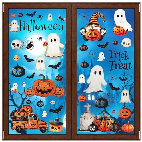 Halloween Fenster Aufkleber Klammern, 8 Stück Geister Kürbisse Fensterabziehbild, Halloween Fensterdeko für Haus Party Laden Fenster Glas Anzeige Dekoration