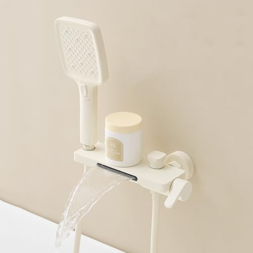 Grifo Bañera Ducha Cascada Leche Blanca Montaje en Pared 2 Hoyos Grifos Duchas de Baño con Ducha de Mano,Leche Blanca