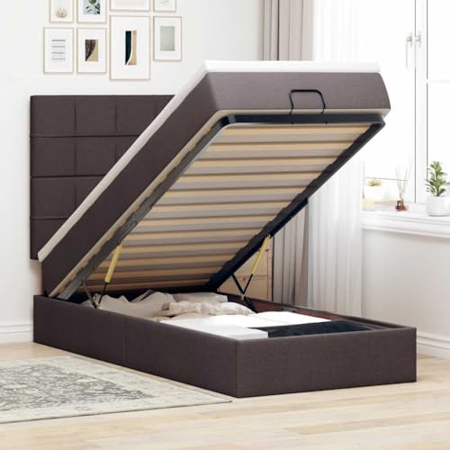 Qnhdfrt Ottomanenbett mit Matratze 90x200 cm Dunkelbraun Stoff Bettgestell mit Hydraulik-Mechanismus und Taschenfederkernmatratze für erholsamen Schlaf und optimalen Stauraum