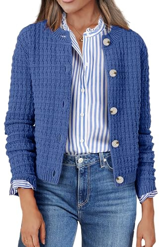 Zeagoo Cardigan da donna a maniche lunghe, girocollo, bottoni, giacca aperta sul davanti, elegante cardigan da donna, A-blu scuro., S