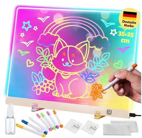 MARKETIFAR LED Zeichenbrett - Wiederaufladbares LED Notiztafel 35cm für Kinder - Maltafel mit Farben - 7 Markers und mehr - Ideal für Geburtstag Weihnachten Geschenk