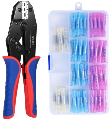 Crimpzange Kabelschuhe Set mit 100-tlg. Schrumpfschläuche, Kabelschuhzange Crimpzange mit Ratschenfunktion für 0,5-6mm² (AWG 22-10), ideal für Elektroarbeiten, Heimwerkerprojekte
