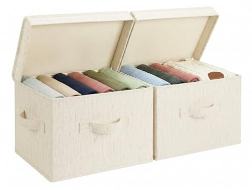 StorageWorks Aufbewahrungsboxen Stoff mit Deckel, Kleidung Aufbewahrungsbox mit Deckel, Faltbare Aufbewahrungskörbe mit Griffen, Stapelbar Boxen Aufbewahrung für Kleidung, beige, 2 Stück