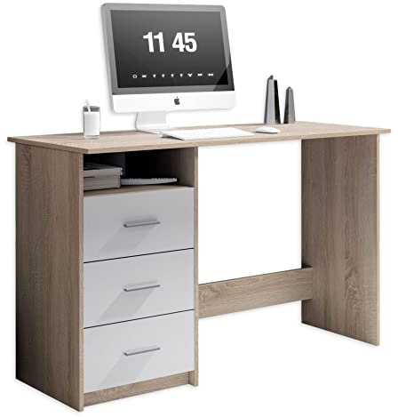 Stella Trading ADRIA Schreibtisch mit Schubladen in Eiche Sonoma Optik, Weiß - Praktischer Bürotisch Computertisch mit großer Arbeitsfläche - 120 x 76 x 50 cm (B/H/T)