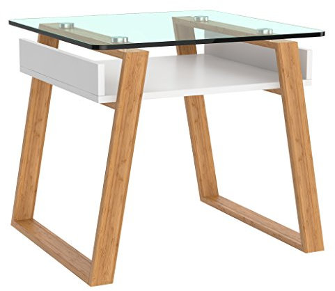 bonVIVO Beistelltisch weiß mit Glas Holz Materialmix - Couchtisch, Sideboard, Wohnzimmertisch - Modern Minimalistisch - Stilvoller Glastisch für Wohnzimmer, Schlafzimmer, Diele