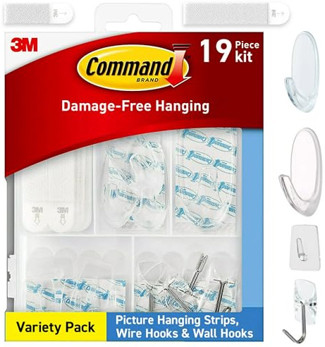 Command Variety Pack, Picture Hanging Strips, Wire Hooks and Wall Hooks, Damage Free Hanging Clear Variety Pack for Up to 19 Back to School Dorm Organizers, 1 Kit