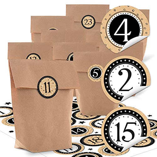 Logbuch-Verlag 24 Adventskalender Tüten aus Kraftpapier mit 1-24 Zahlen Aufkleber 14 x 22 x 5,5 cm zum Befüllen schwarz-weiß