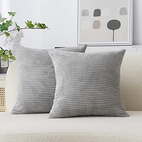 Home Brilliant Grey Cushion Cover Striped Corduroy Cushion Cover Portectors for Bed Sofa Couch Chair Garden, Set of 2, 45 x 45 cm, Light Gray
