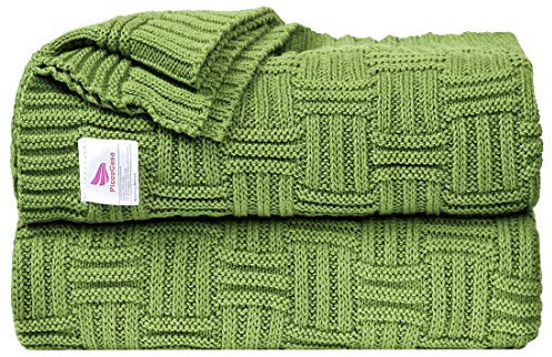 Sourcing map Couverture en tricot de câble 100 % coton doux et léger pour genoux texturé solide Couverture de canapé décorative en tricot Vert 119 x 70 cm