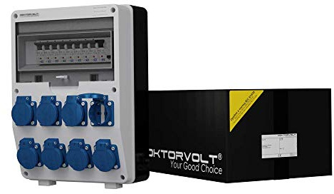Doctorvolt 2824 - Distribuidor de corriente para obras (8 x 230 V, interruptor Fi, 25 A, 30 mA, 2 pines, tipo A)