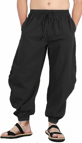 perdontoo Mens Casual Cotton Linen Pant Elastic Waist Drawstring Yoga Jogger Pants (XX-Large, Black)