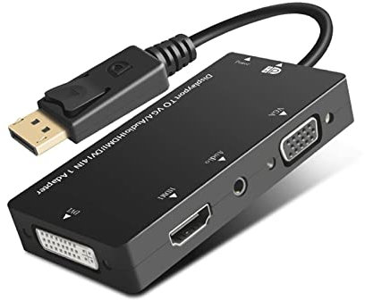Plyisty 4‑in‑1 Displayport Adapter, Multifunctional 1080P Displayport to HDMI/VGA/DVI/Audio Converter Adapter Cable Male to Female
