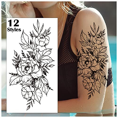 Temporäre Tattoos Erwachsene, Rose Fake Tattoo für Damen | 3D Klebetattoos, Tatoo Zum Aufkleben für Frauen Mädchen, Wasserdicht, Karneval Fasching Deko, Festival Accessoires