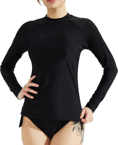 SURFEASY Womens Rash Vest Long Sleeve Ladies Sun Protection Swim Shirt Rash Guard Tops Swimsuit (Black,M)