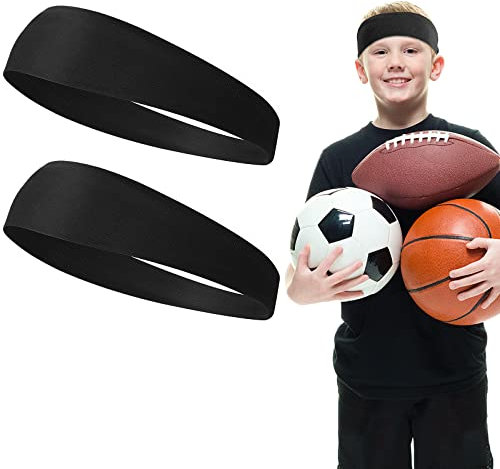 WLLHYF 2 Stück Sport-Stirnbänder für Kinder, weiche sportliche Schweißbänder, Stirnband für Mädchen und Jungen, feuchtigkeitsableitendes, elastisches Haarband für Kinder und Jugendliche (Schwarz)
