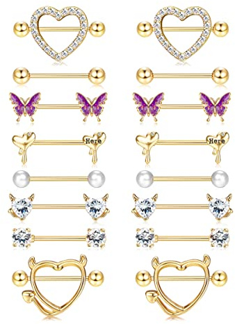 ZELORES 8 Pairs 14G Nipple Rings for Women Stainless Steel CZ Striaght Barbell Tongue Ring Nipple ring Set Butterfly Devil Heart Nipple Piercing Jewelry 16mm 5/8Inch (18K Gold Plated)