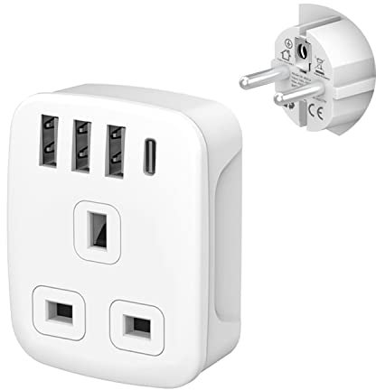 UK to European Plug Travel Adapter with USB C, Grounded Euro EU Schuko Plug Adapter with 3USB-A and USB-C Ports for Germany Spain France Turkey Greece Iceland Poland and More (Type E/F), White
