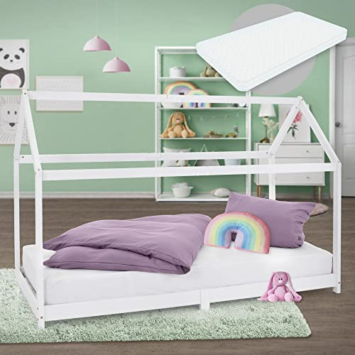 ML-Design barnsäng 90x200 cm vit med madrass H:16 cm, tak och spjälram, husbädd för flickor/pojkar, barnhus av furuträ, stabil ungdomssäng, barnsäng i massivt trä, sänghus lekbädd