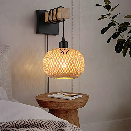 SUNLLOK Applique murale moderne en bambou avec interrupteur câblé - Panier en rotin - Lustre suspendu - Éclairage intérieur bois tressé pour île de cuisine, salon, restaurant