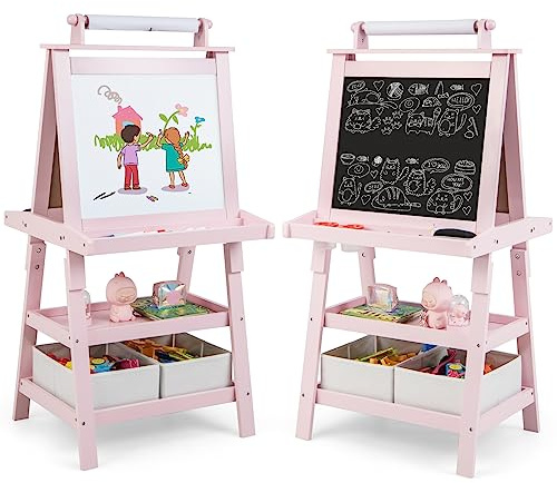 COSTWAY 3 in 1 Kids Art Easel, Double-Sided Blackboard and Magnetic Whiteboard Easels with Paper Roll, Storage Boxes & Racks, Children Educational Toys Gift (Pink)