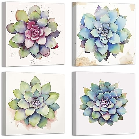 LZIMU Sukkulenten Bild auf Leinwand 4 Stück Aquarell grüne Sukkulenten Pflanzen Leinwand Bild tropisches botanisches Boho Kunstwerk Badezimmer Dekor (Gerahmt, 20.00x20.00cms x4)
