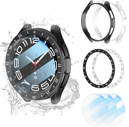 【2+2+3 Pack】Jomitvp Samsung Galaxy Watch 6 47mm Screen Protector and Case Set,Comes with a set of reversible outer rings, anti-fog and anti-scratch tempered glass protective films (47mm, White/Black)
